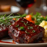 home beef - Close-up of two glazed short ribs garnished with fresh herbs, served with mashed potatoes and vegetables on a white plate.