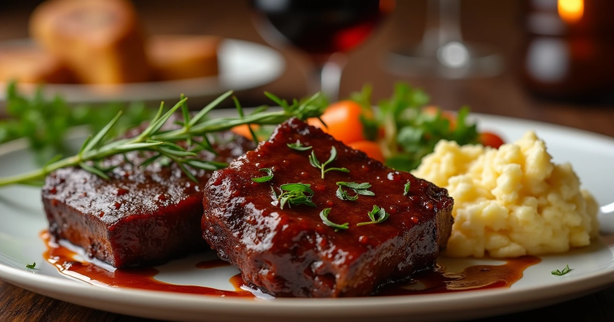 7 Easy Beef Short Ribs Recipes: The best Cooking Tips beef - Close-up of two glazed short ribs garnished with fresh herbs, served with mashed potatoes and vegetables on a white plate.
