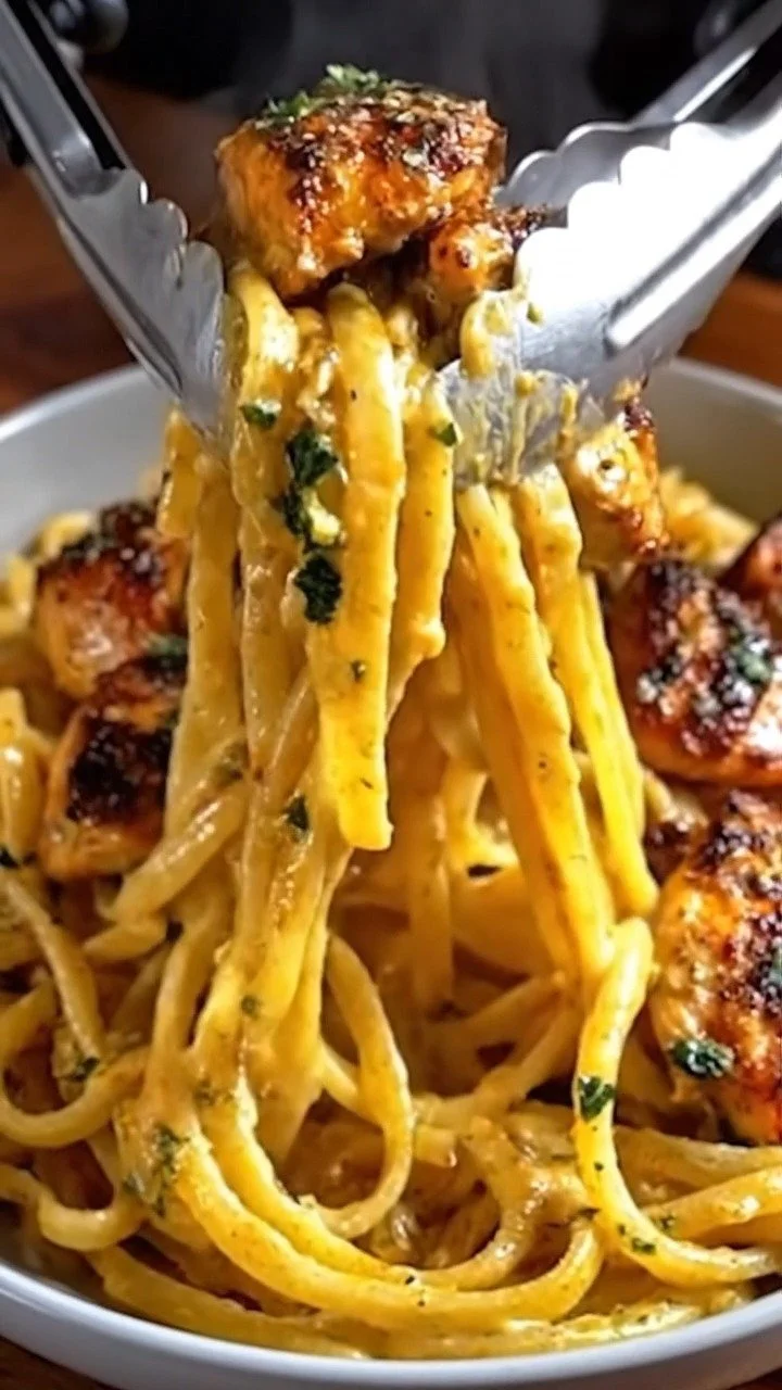 Creamy Cowboy Butter Chicken Linguine topped with fresh herbs.