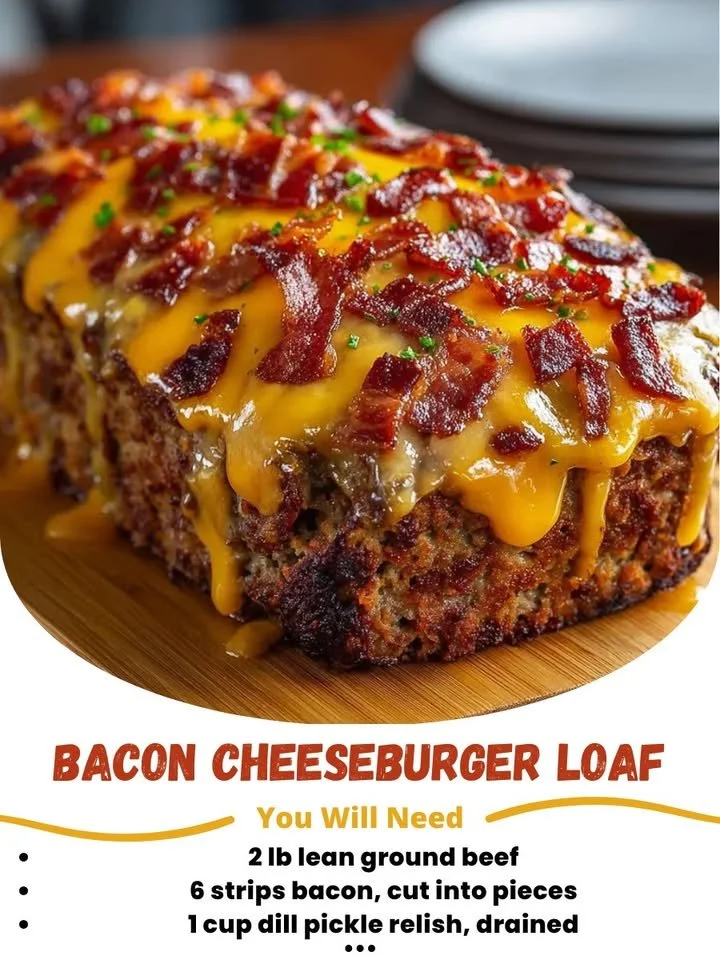 Delicious Bacon Cheeseburger Loaf with melted cheese and crispy bacon.