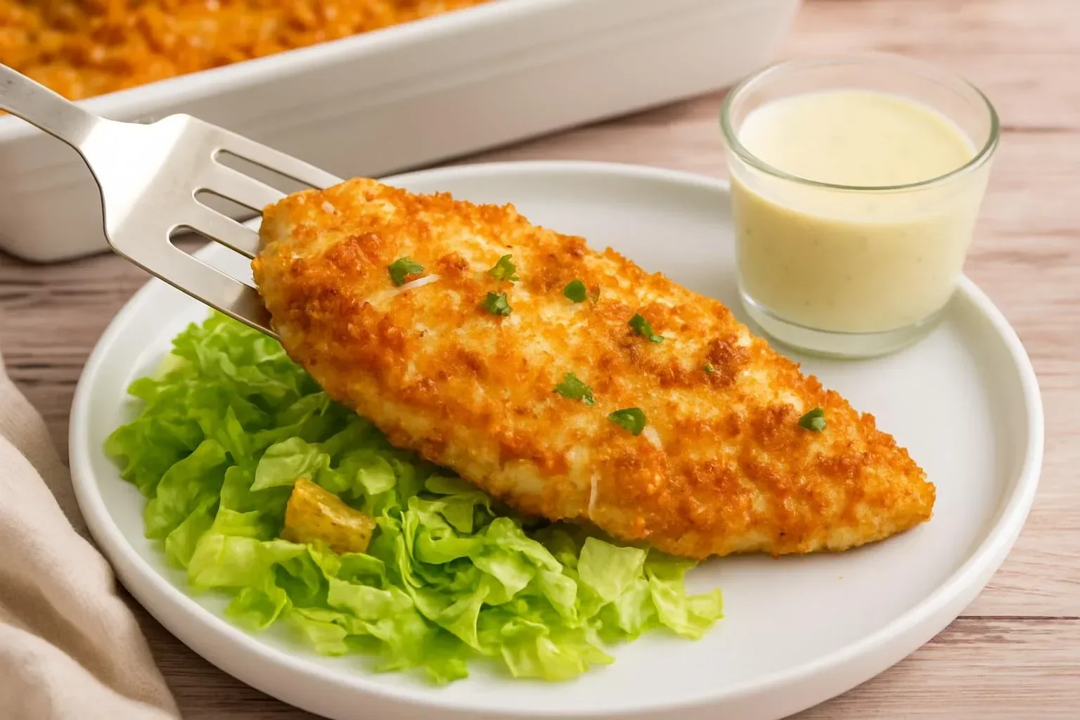 Baked Caesar Chicken served with a side of fresh romaine lettuce