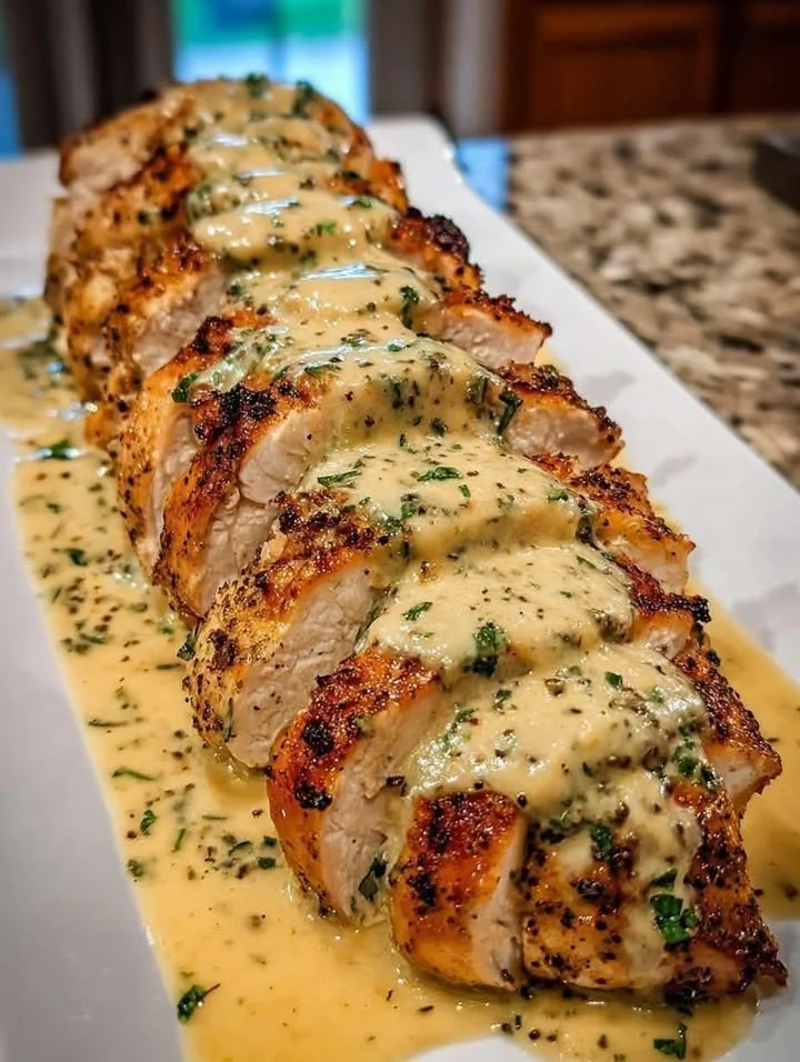 BAKED CAESAR CHICKEN WITH CREAMY PARMESAN SAUCE Baked caesar chicken topped with creamy parmesan sauce on a plate.