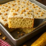 Delicious banana cake with brown butter icing served on a plate.