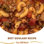 Delicious bowl of homemade goulash recipe with pasta and vegetables