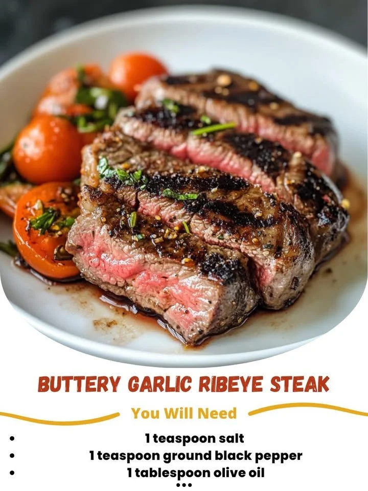 Juicy buttery garlic ribeye steak served with herbs and spices.