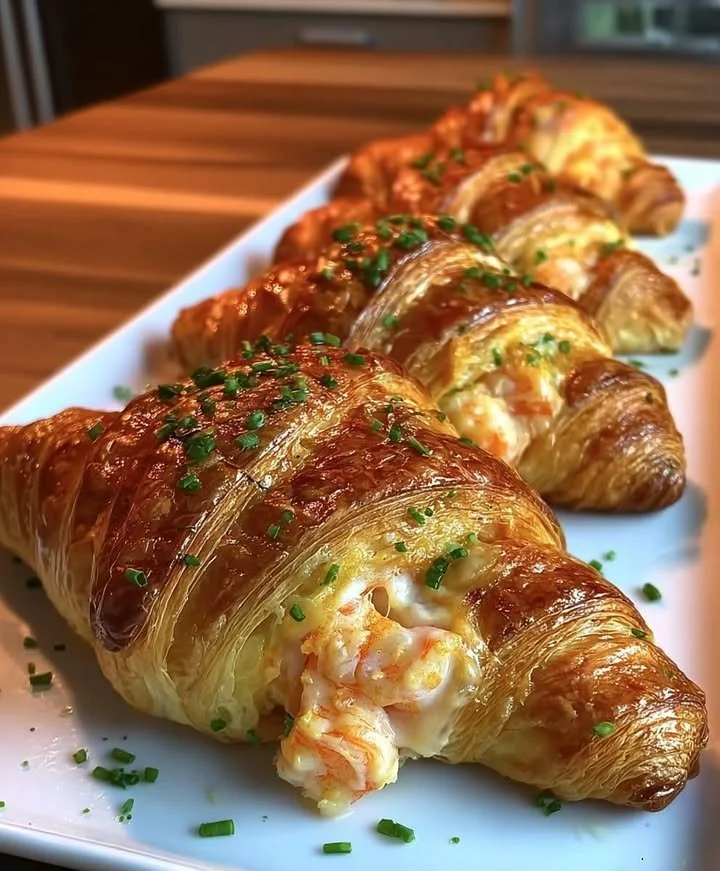 Buttery shrimp-stuffed croissants on a plate, showcasing flaky pastry and shrimp filling.