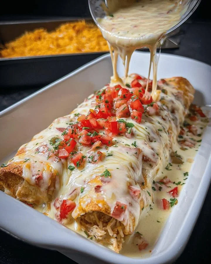 Delicious plate of Cheese Chicken Enchiladas topped with cheese and fresh herbs