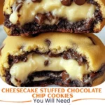 Cheesecake stuffed chocolate chip cookies on a wooden table