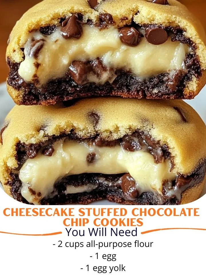 Cheesecake stuffed chocolate chip cookies on a wooden table