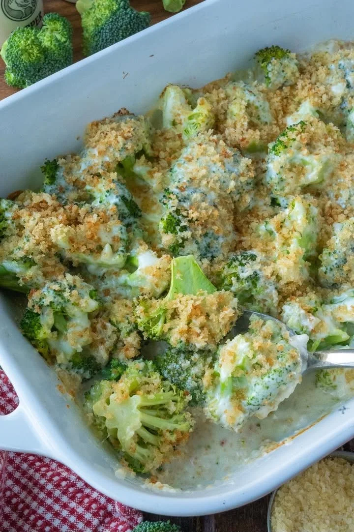 Delicious cheesy broccoli bake topped with melted cheese and baked until golden brown.