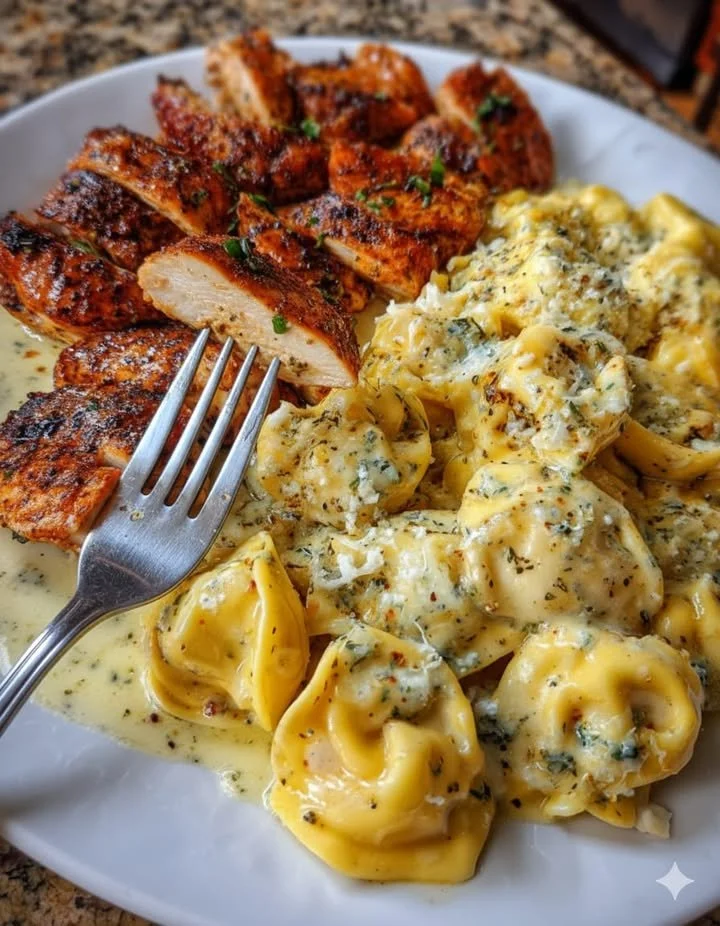 Cheesy chicken tortellini with Italian herbs in rich Alfredo sauce