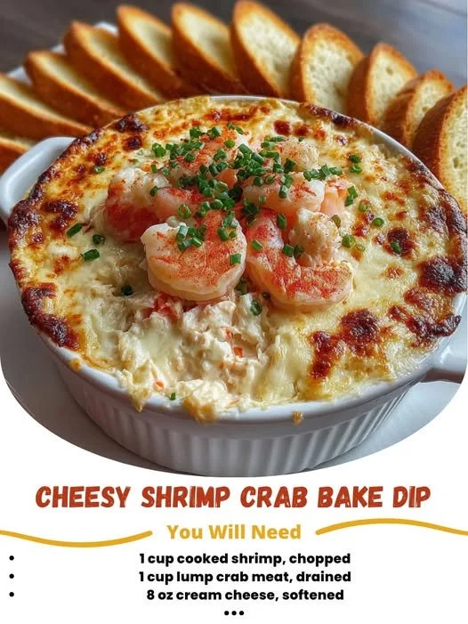 Cheesy shrimp and crab dip in a baking dish, ready to serve at a gathering.