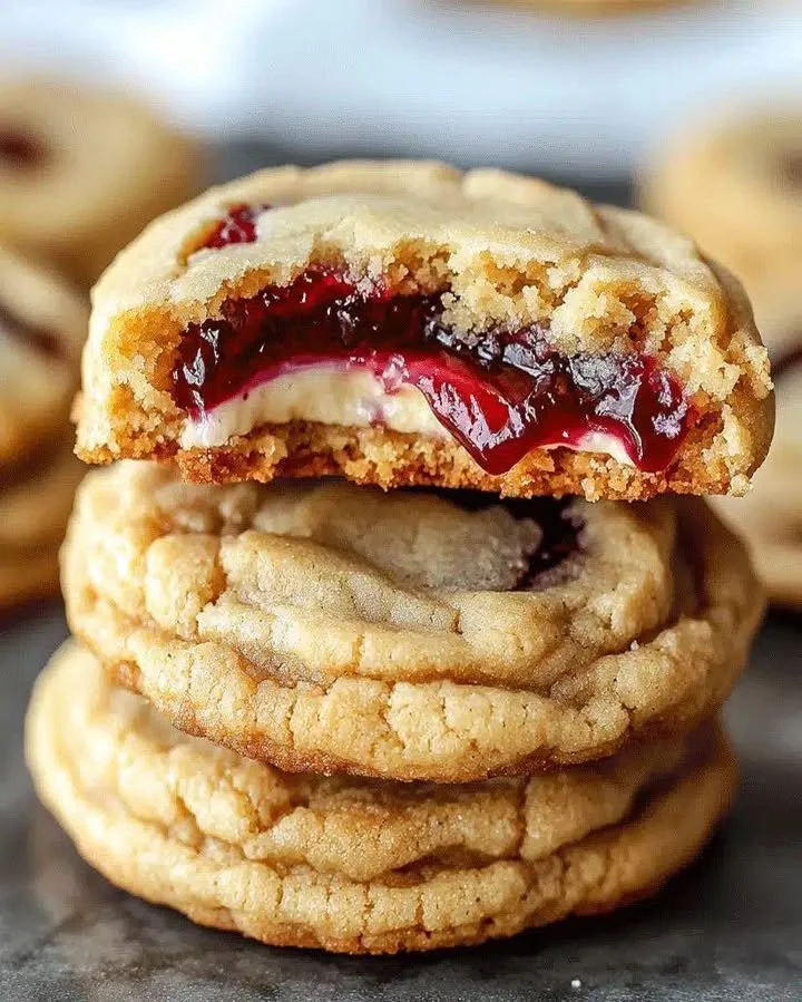 Delicious Cherry Cheesecake Stuffed Cookies featuring creamy filling and cherry topping.