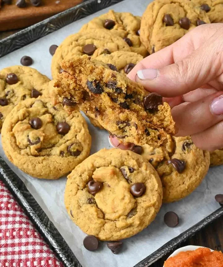 Chewy Pumpkin Chocolate Chip Cookies Baked chewy pumpkin chocolate chip cookies on a baking sheet.