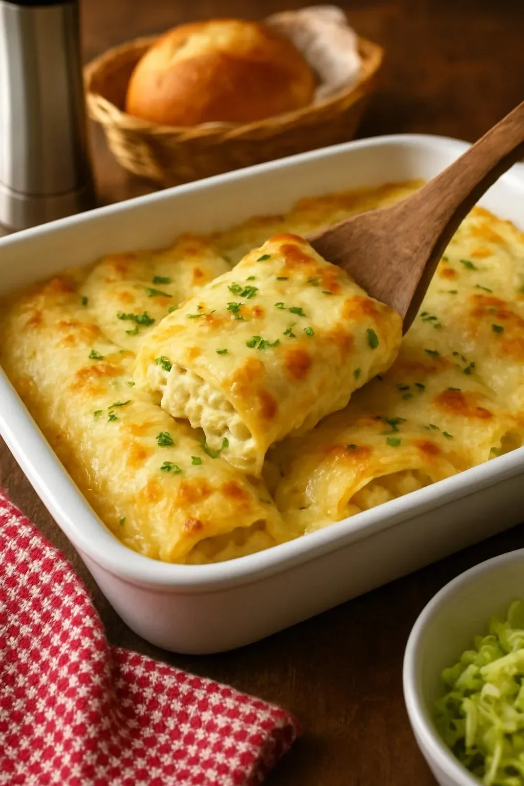 Plate of Chicken Alfredo Lasagna Roll Ups garnished with herbs