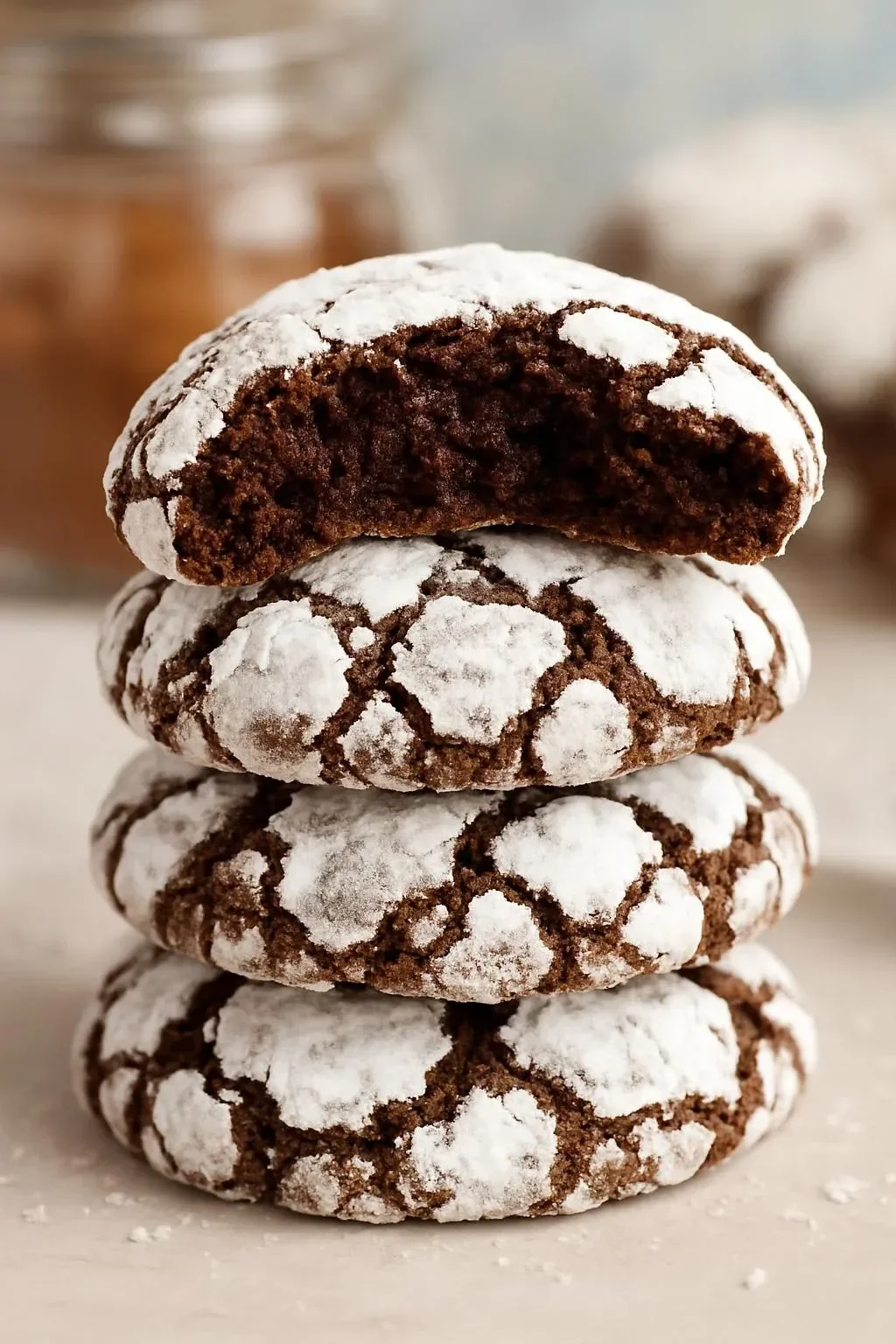 Delicious Chocolate Fudge Crinkle Cookies with a powdered sugar coating