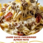Creamy bacon cheeseburger alfredo dish featuring pasta and crispy bacon.