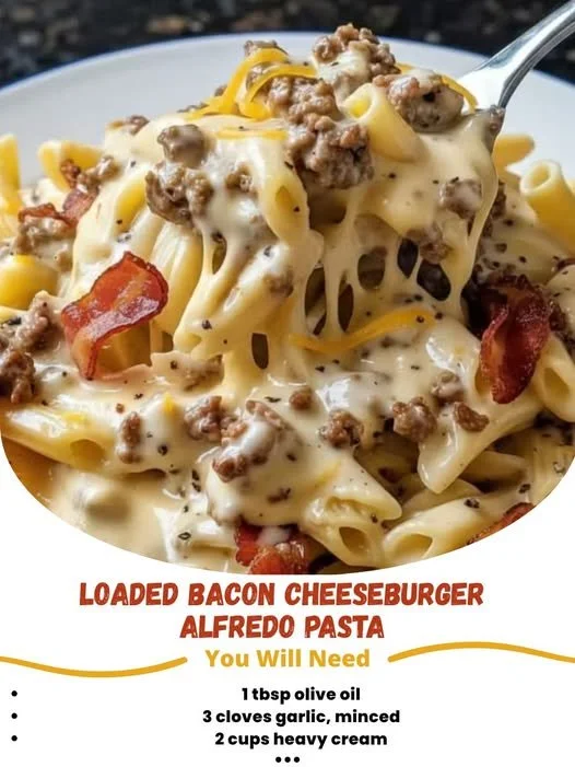 Creamy bacon cheeseburger alfredo dish featuring pasta and crispy bacon.