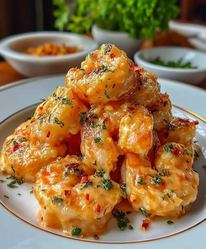 Delicious creamy Bang Bang Shrimp garnished with green onions and served in a bowl