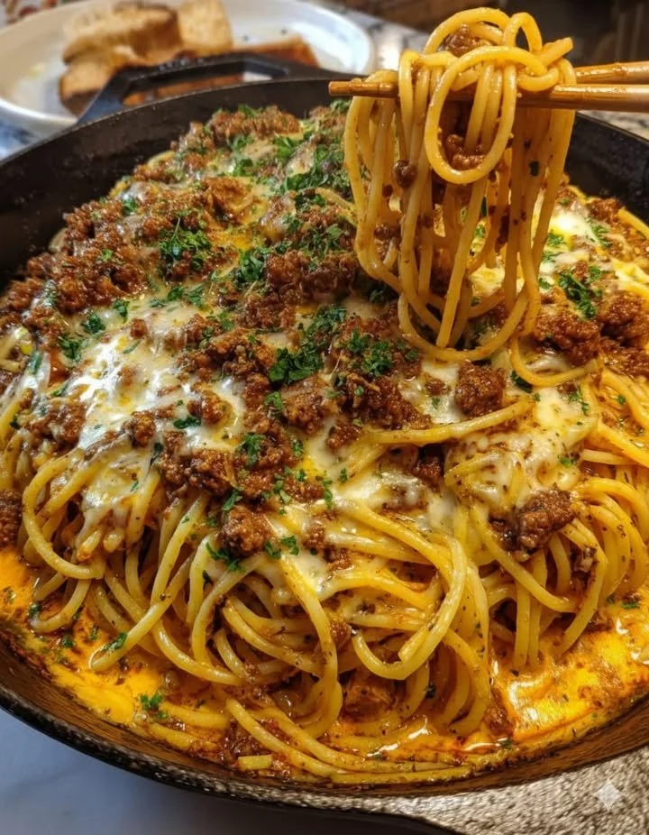 Creamy Cajun Beef Spaghetti with Triple Cheese Parmesan Sauce in a bowl