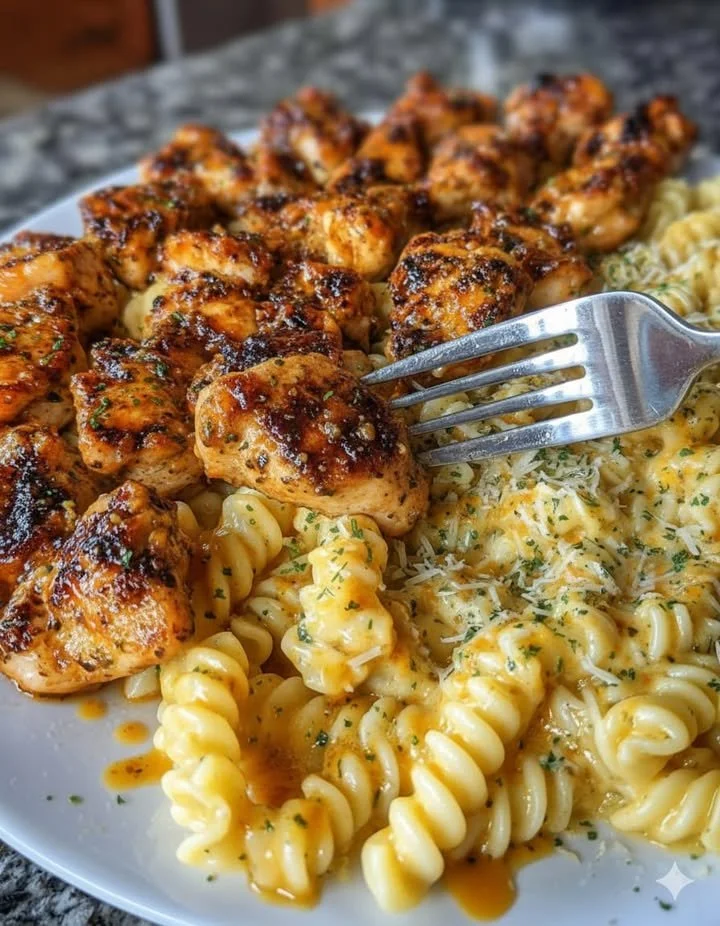 Creamy Cajun Chicken Rotini with Garlic Parmesan Sauce on a plate