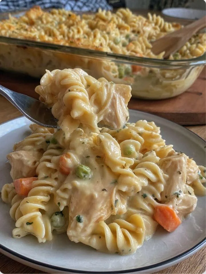 Creamy chicken pot pie pasta bake dish topped with herbs and baked to perfection