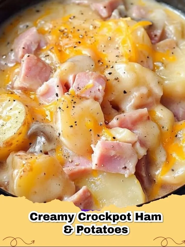 Creamy Crockpot Ham & Potatoes dish in a slow cooker, ready to serve.