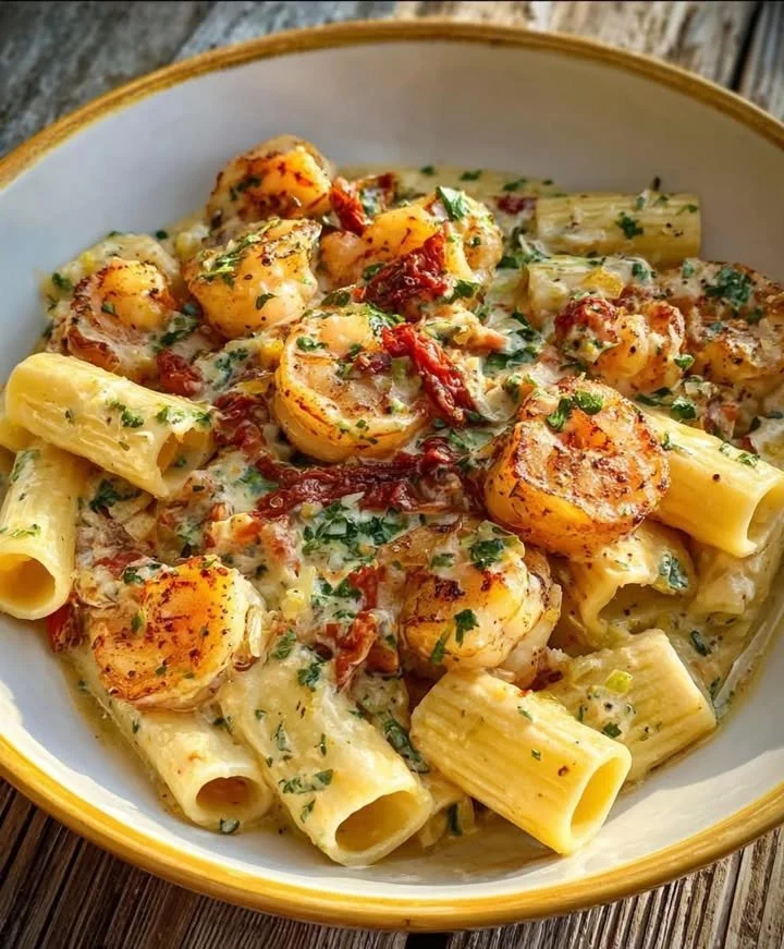 Creamy shrimp pasta topped with fresh herbs and ingredients