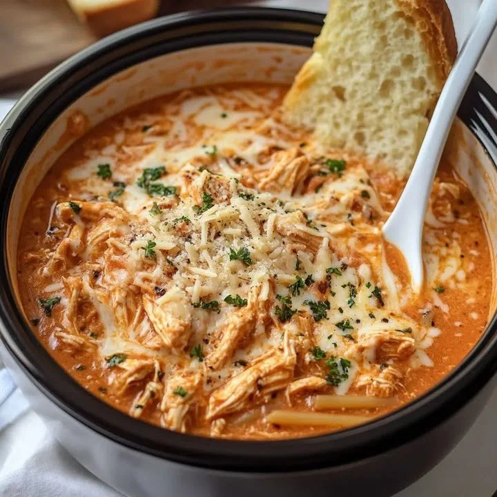 Crock Pot Creamy Chicken Parmesan Soup served in a bowl with parsley garnish