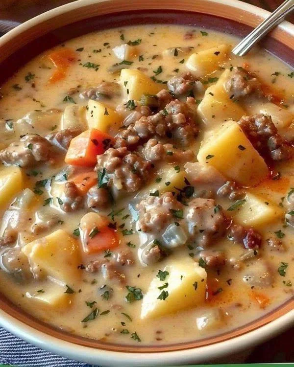 Delicious Crockpot creamy potato hamburger soup in a bowl