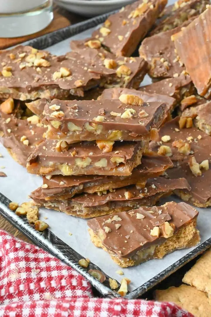 Delicious easy Graham Cracker Toffee Bars topped with chocolate and nuts