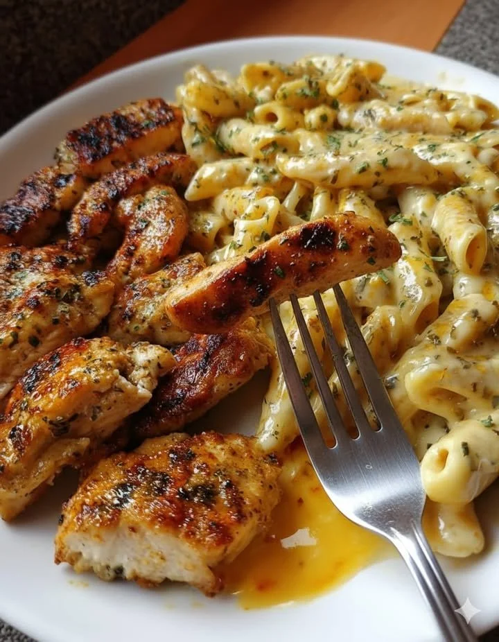 Garlic Butter Chicken Penne served in creamy Parmesan sauce