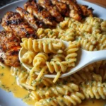Plate of Garlic Butter Chicken Rotini in Cheesy Parmesan Cream Sauce