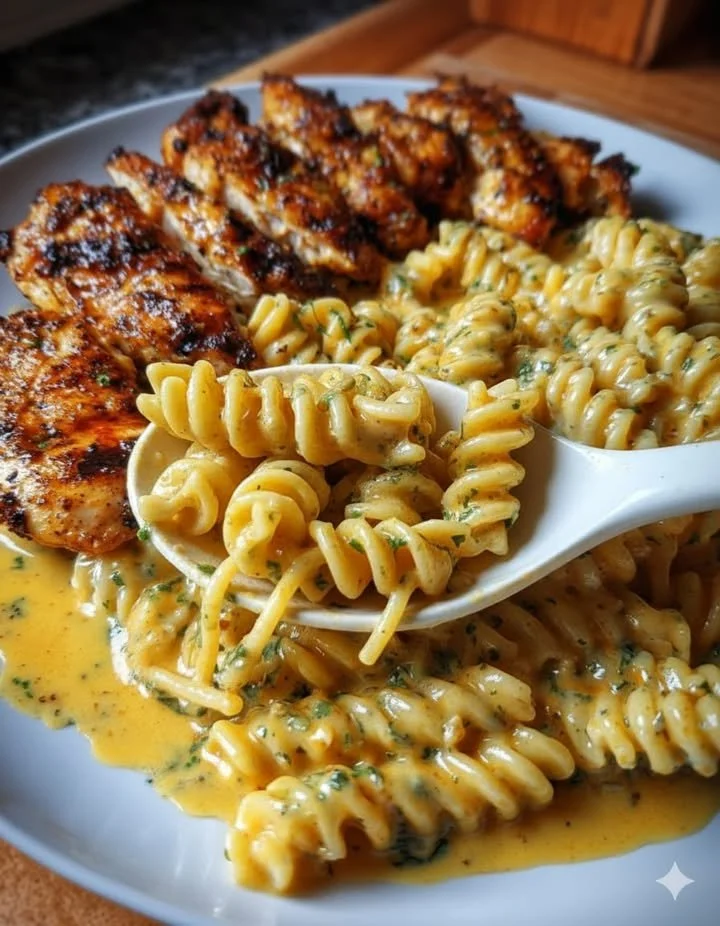 Plate of Garlic Butter Chicken Rotini in Cheesy Parmesan Cream Sauce