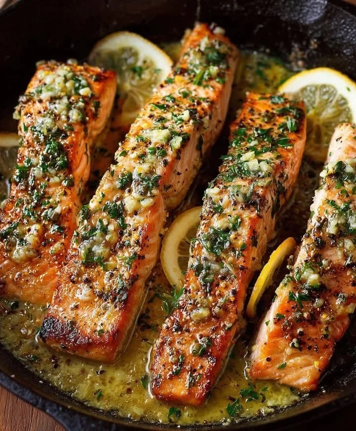 Oven-baked garlic butter lemon salmon garnished with herbs