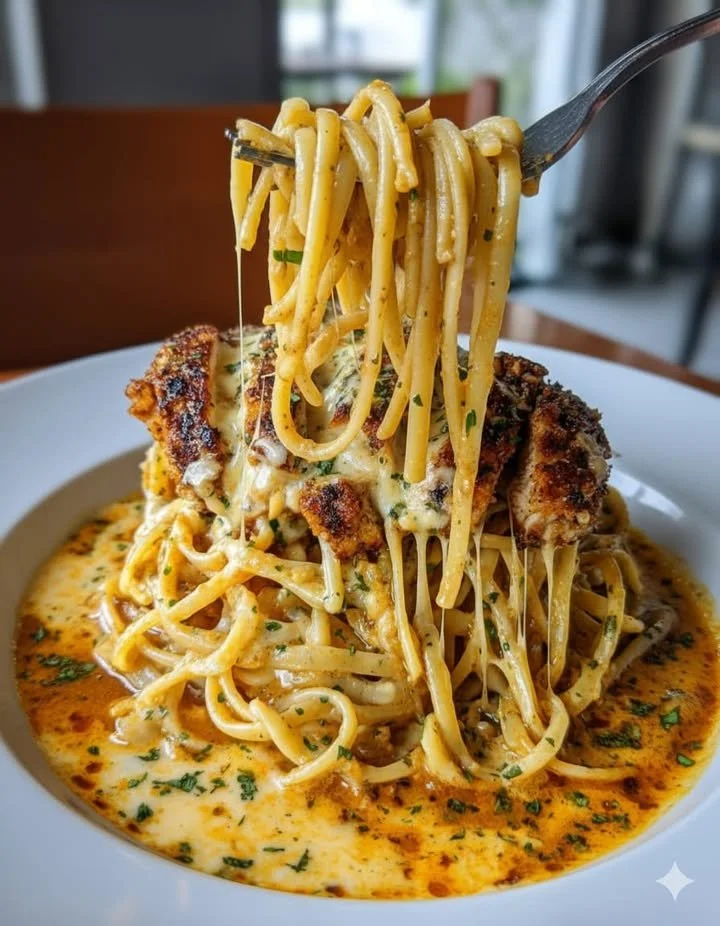 Garlic Cajun Chicken Linguine in creamy mozzarella sauce dish