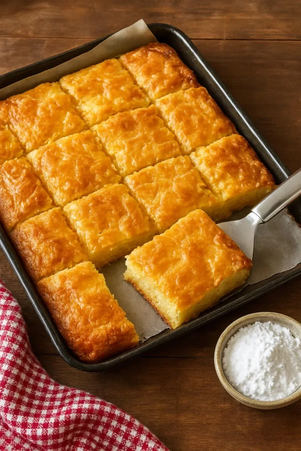 Delicious gooey butter cake bars topped with powdered sugar on a plate