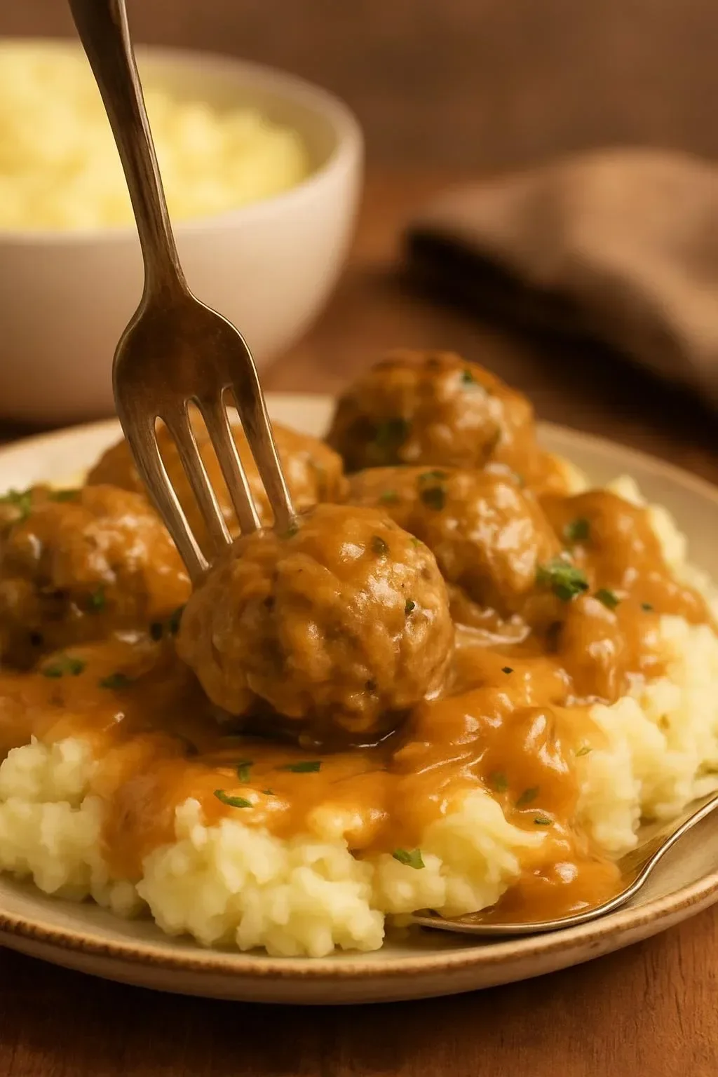 Homemade meatballs served in onion gravy on a plate