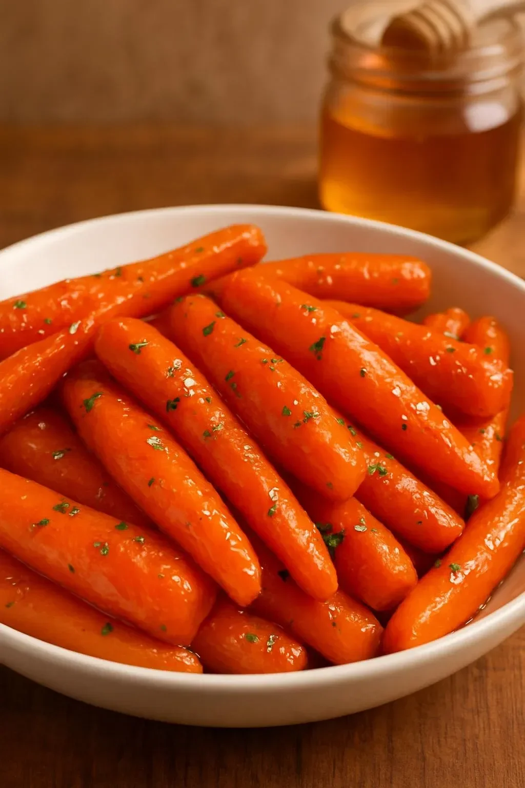 Plate of honey garlic roasted carrots garnished with fresh herbs