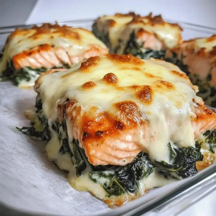 Plate of irresistible baked salmon with spinach and mozzarella melting on top