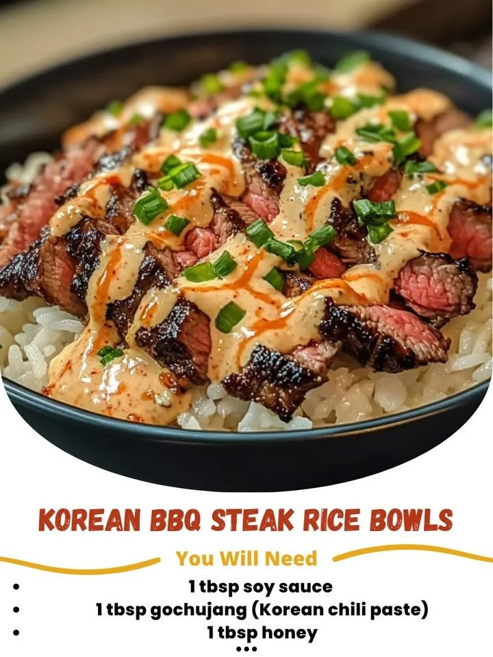 Korean BBQ steak rice bowls topped with vegetables and sauce