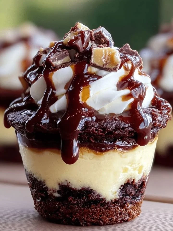 Loaded Brownie Cheesecake Cups topped with chocolate drizzle and whipped cream