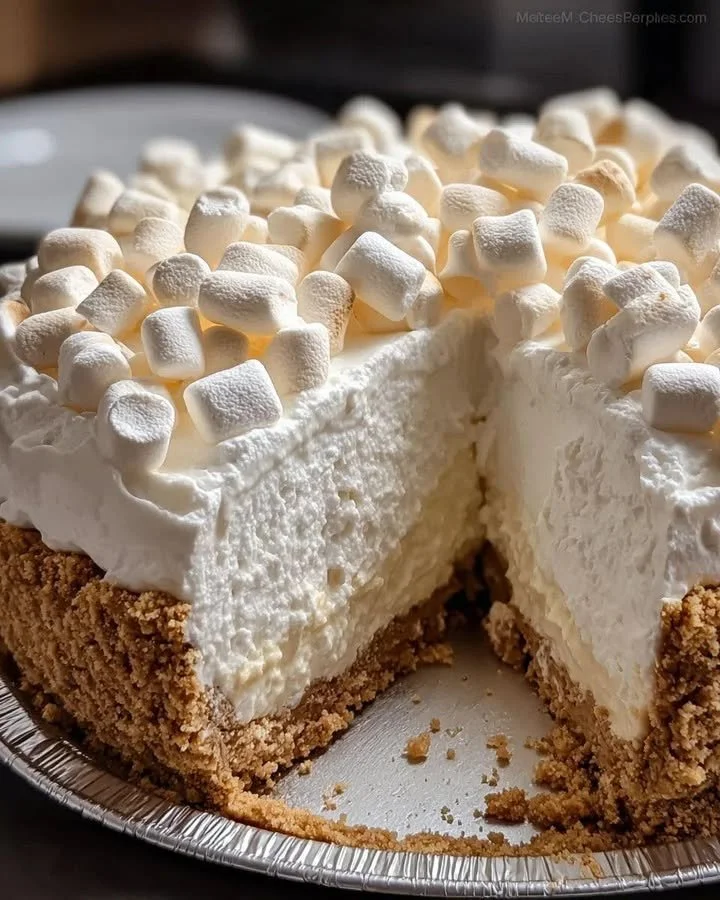 Delicious Marshmallow Cheesecake topped with fluffy marshmallow cream and a graham cracker crust.