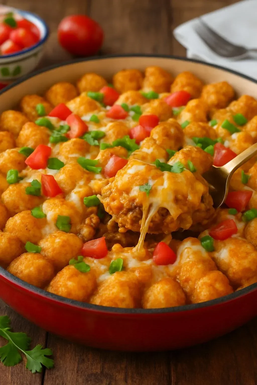 Mexican Tater Tot Casserole topped with cheese and spices