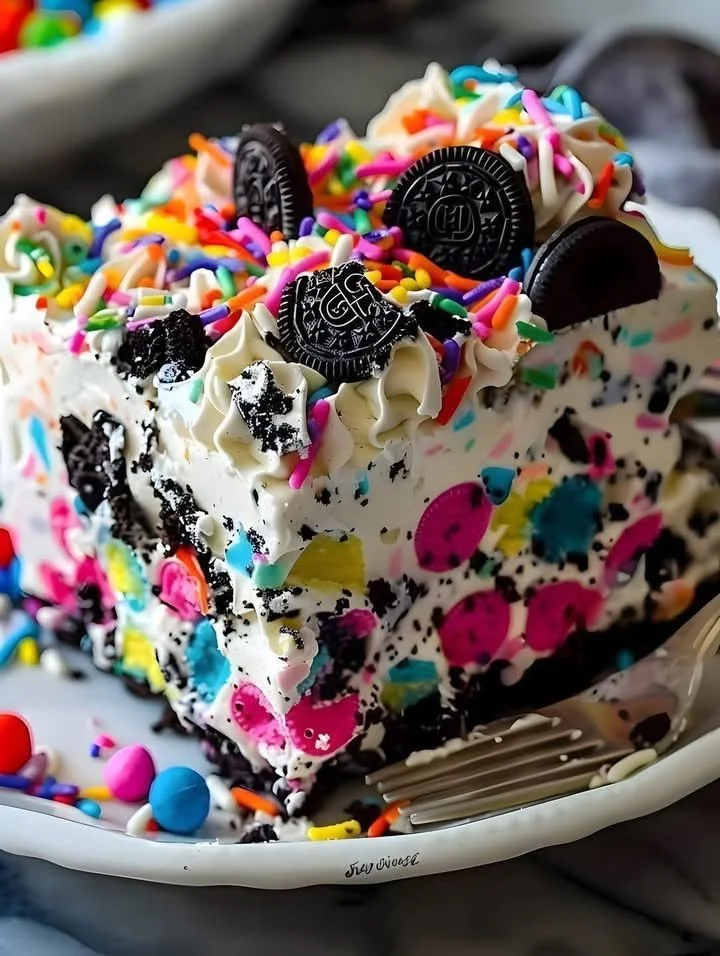 No-Bake Funfetti Oreo Icebox Cake with colorful sprinkles and Oreo layers