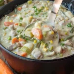 Delicious one pot chicken stew served in a rustic bowl, garnished with herbs.
