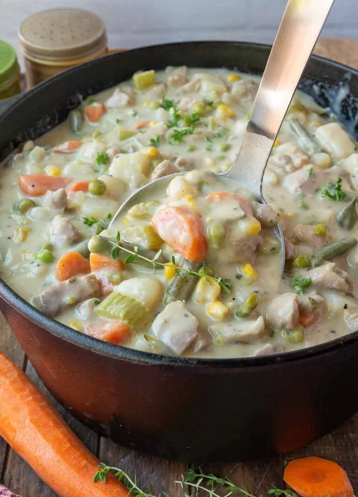 Delicious one pot chicken stew served in a rustic bowl, garnished with herbs.