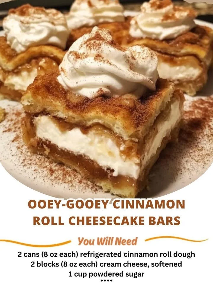 Delicious ooey-gooey cinnamon roll cheesecake bars on a plate