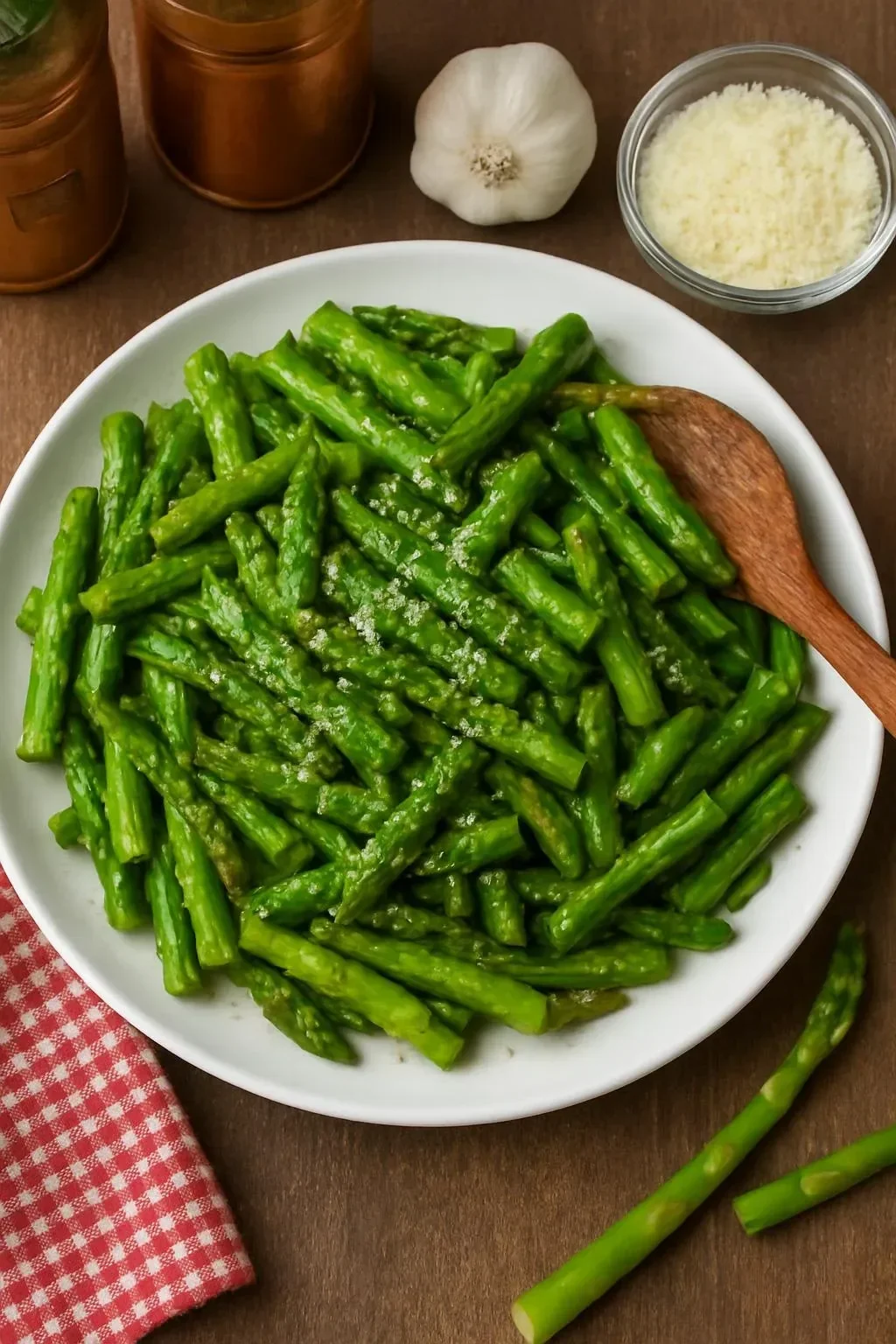 Delicious pan fried asparagus served on a plate