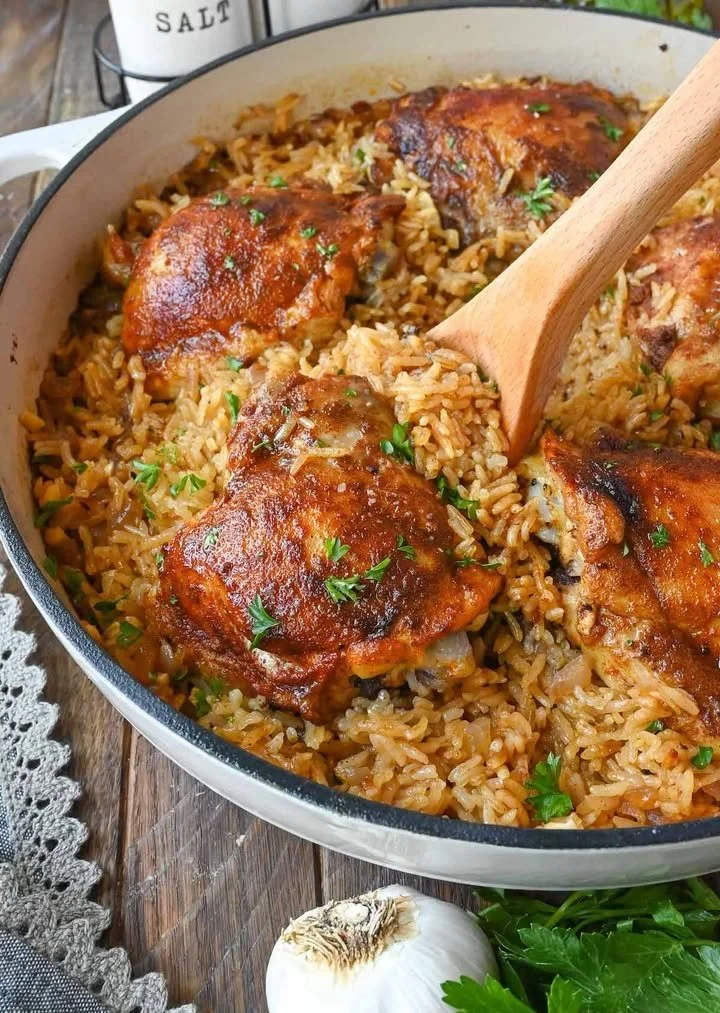 Paprika Chicken and Rice Bake Paprika chicken and rice bake served in a casserole dish